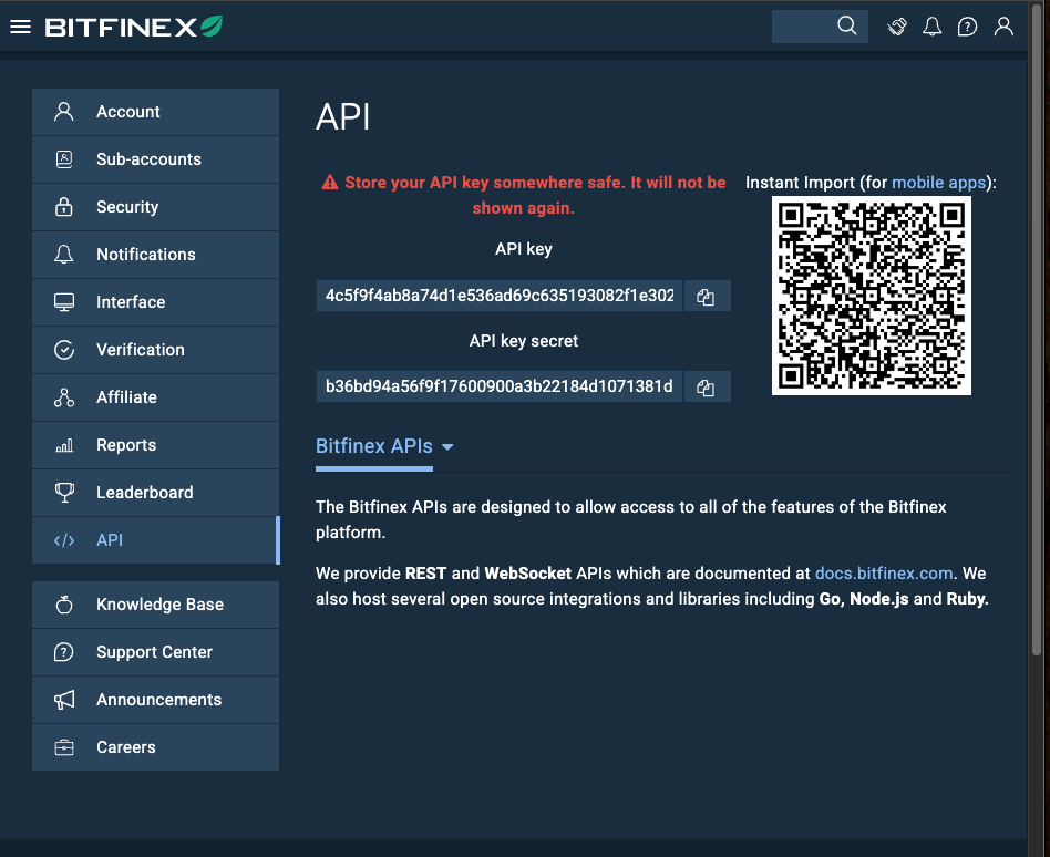 API Key and Secret display, shown only once